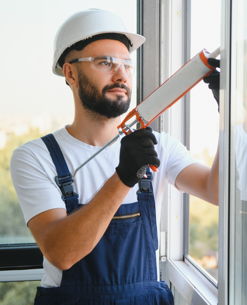 A handyman uses a caulk gun to seal a window.