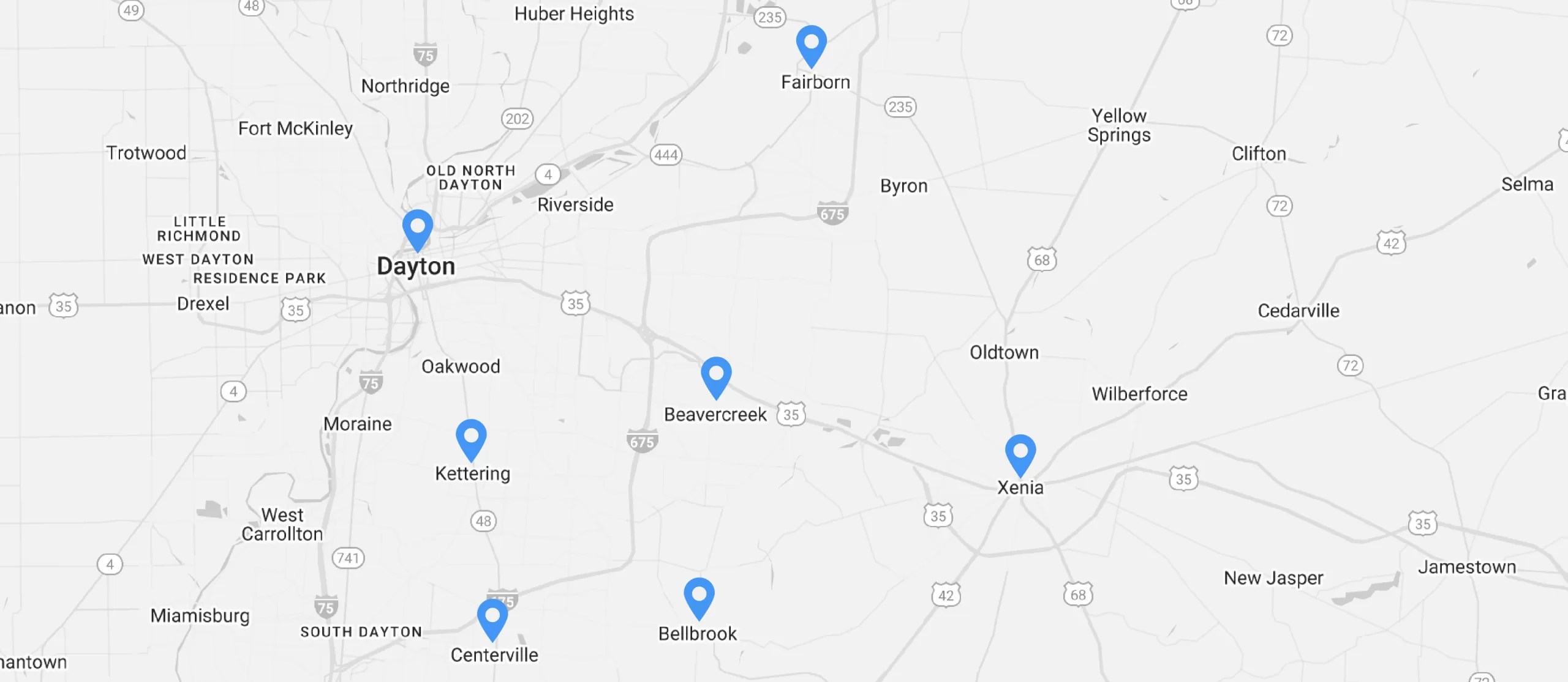 Stylized map of the Greater Dayton area in Ohio, highlighting Beavercreek, Xenia, Kettering, Centerville, Bellbrook, and Fairborn—all locations where Flying Free provides affordable, local handyman services.