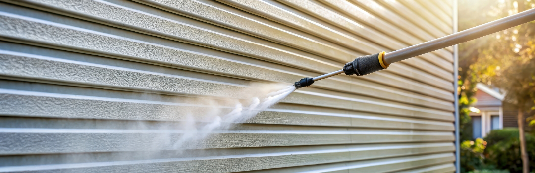 A person uses a power washer to clean the exterior of a house.